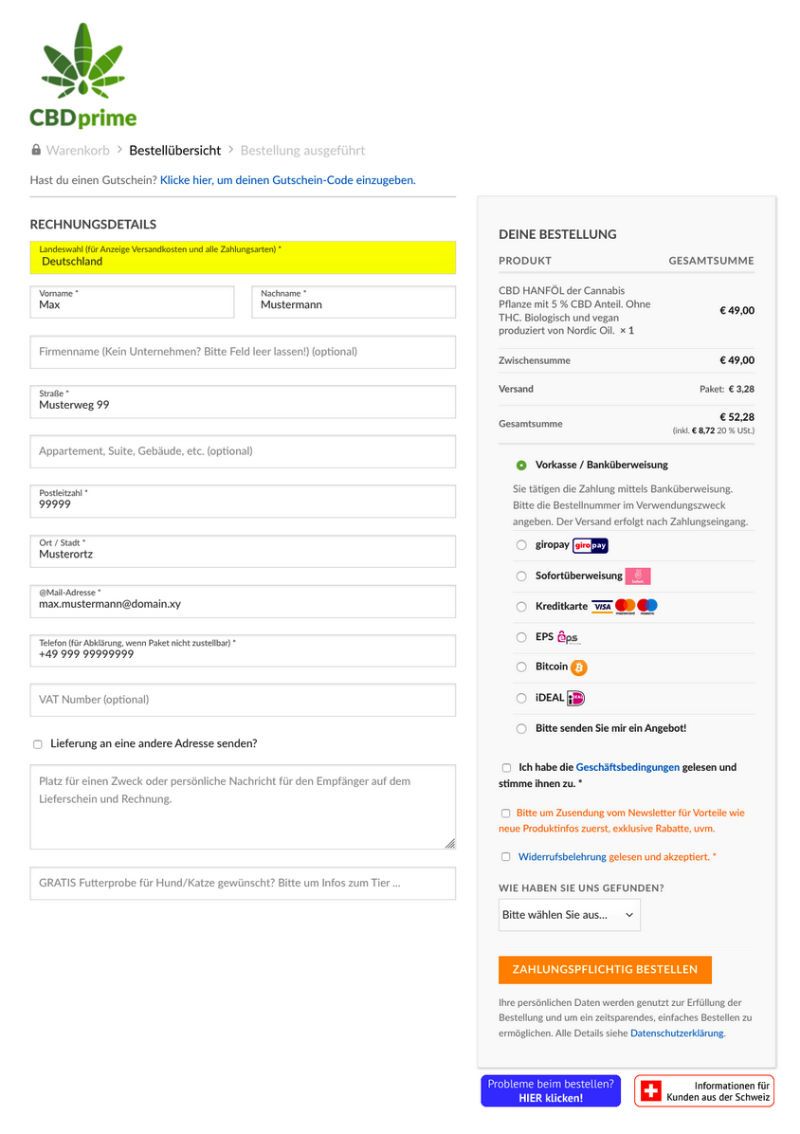 Kassaseite von CBDprime als Beispiel