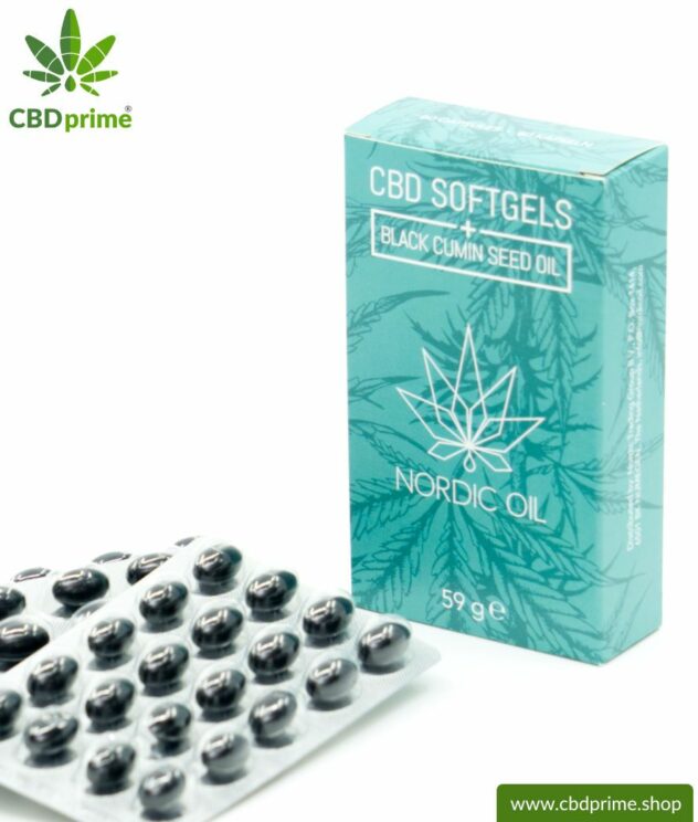 CBD Softgel Kapseln mit Schwarzkümmelöl. Enthält 384 mg Cannabidiol der Hanfpflanze (Cannabis). 100 % biologisch produziert. 60 Kapseln.