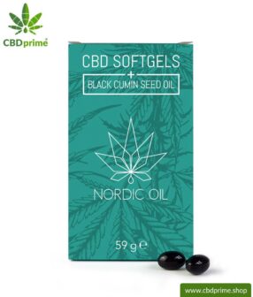 CBD Softgel Kapseln mit Schwarzkümmelöl. Enthält 384 mg Cannabidiol der Hanfpflanze (Cannabis). 100 % biologisch produziert. 60 Kapseln.
