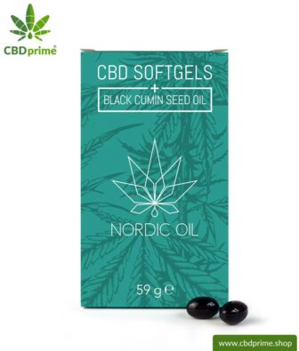 CBD Softgel Kapseln mit Schwarzkümmelöl. Enthält 384 mg Cannabidiol der Hanfpflanze (Cannabis). 100 % biologisch produziert. 60 Kapseln.