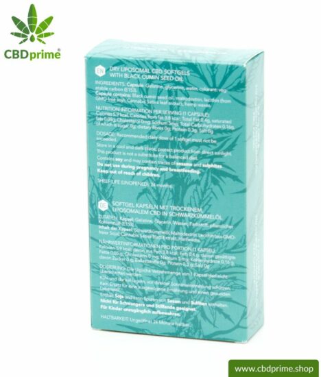 CBD Softgel Kapseln mit Schwarzkümmelöl. Enthält 384 mg Cannabidiol der Hanfpflanze (Cannabis). 100 % biologisch produziert. 60 Kapseln.